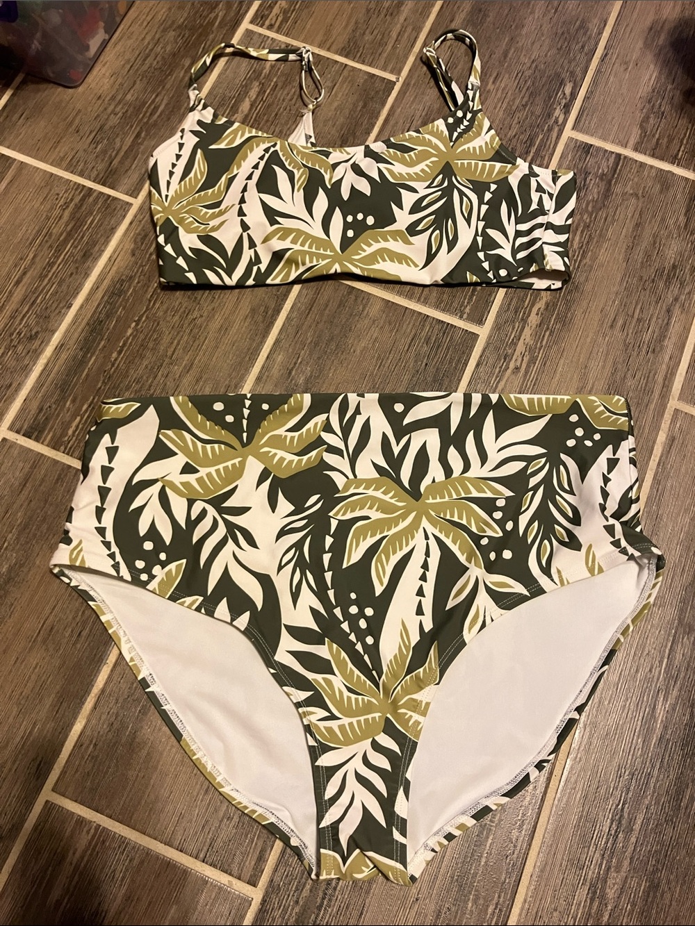 Old Navy Olive Green and White Palm Print Bikini Set